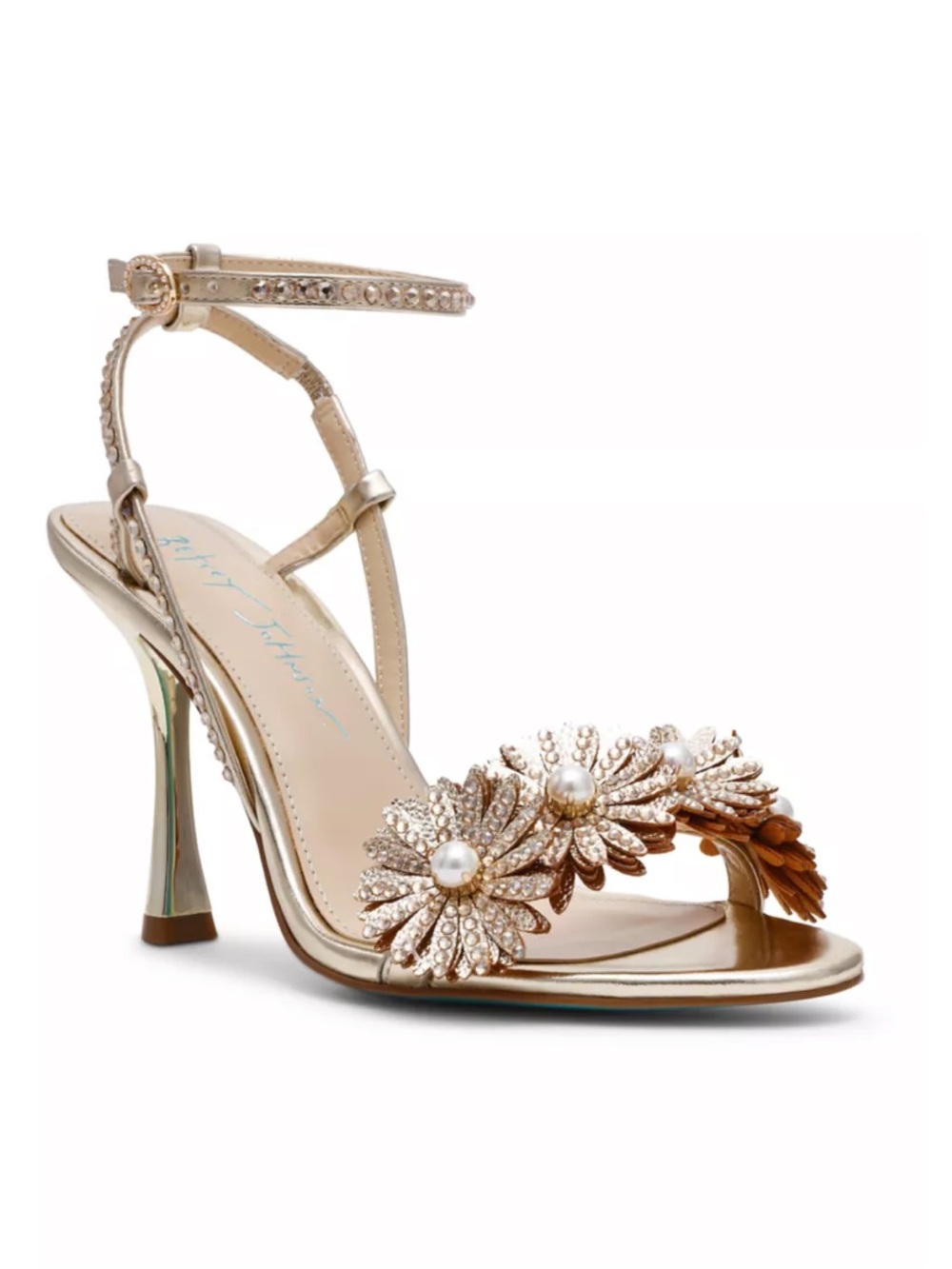Betsey Johnson Gold Floral Pearl Embellished Ankle-Strap Heels